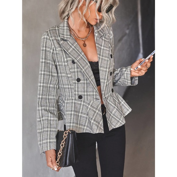 Plaid Double Breasted Peplum Blazer gray - Picture 5 of 5